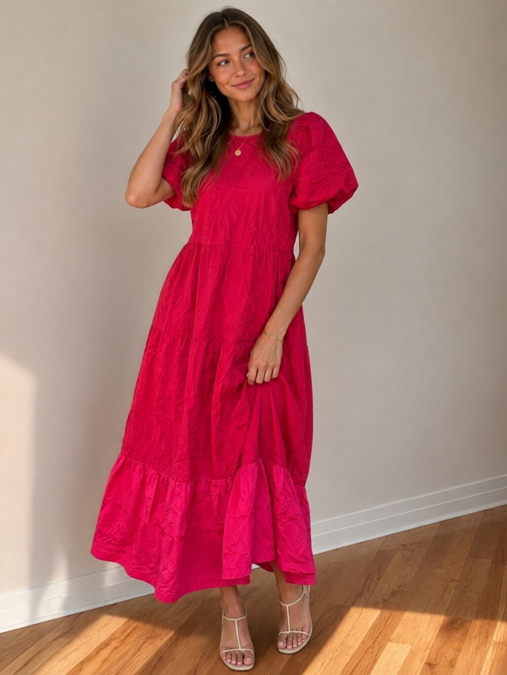 NEVER WORN NEW Old Navy Puff-Sleeve Tiered Maxi Dress Fuchsia Pink Colorblock L